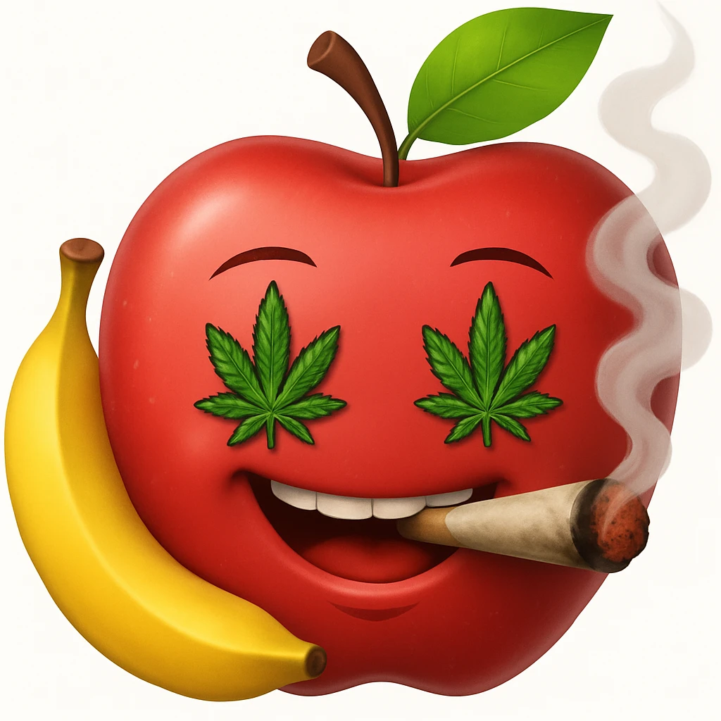 Add a cartoon joint with smoke to the smiley face made of apples as eyes and a banana as the mouth. Make it look like the face is smoking weed, keep the emoji style. emoji