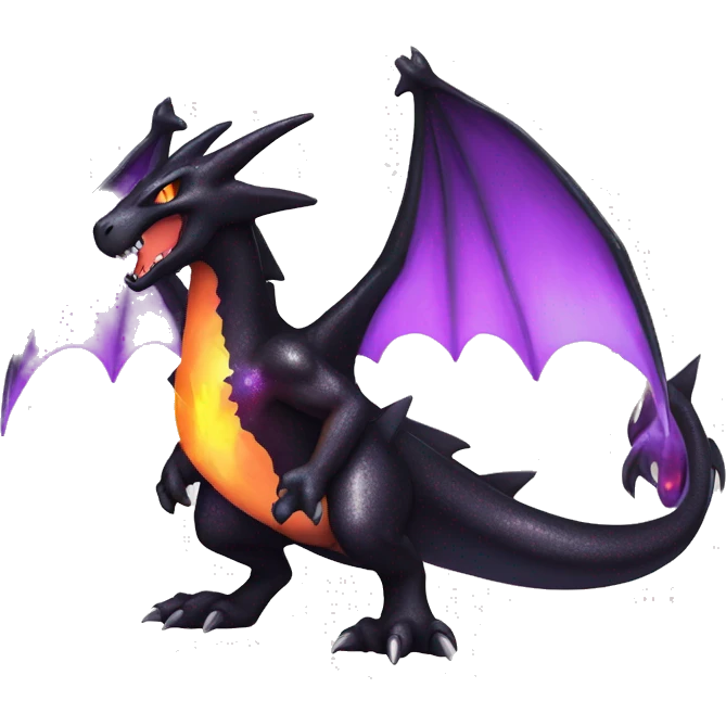 Black shiny sparkly Charizard-Fakémon with purple flame on tail full body emoji