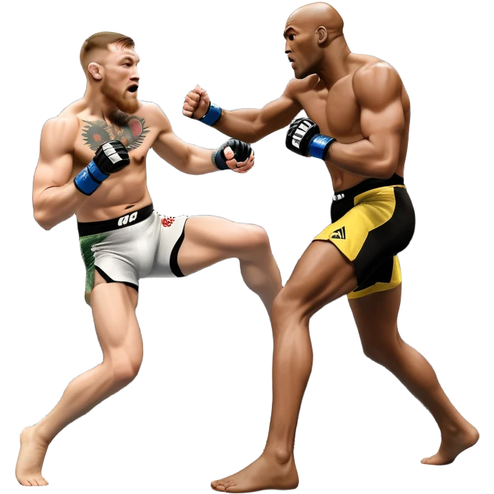 An MMA showdown between Conor McGregor and Anderson Silva in the octagon. McGregor is executing a powerful jumping strike, while Silva is expertly blocking the attack with his forearm. The background features the UFC octagon, fans in the distance, and dynamic action. Transparent background emoji