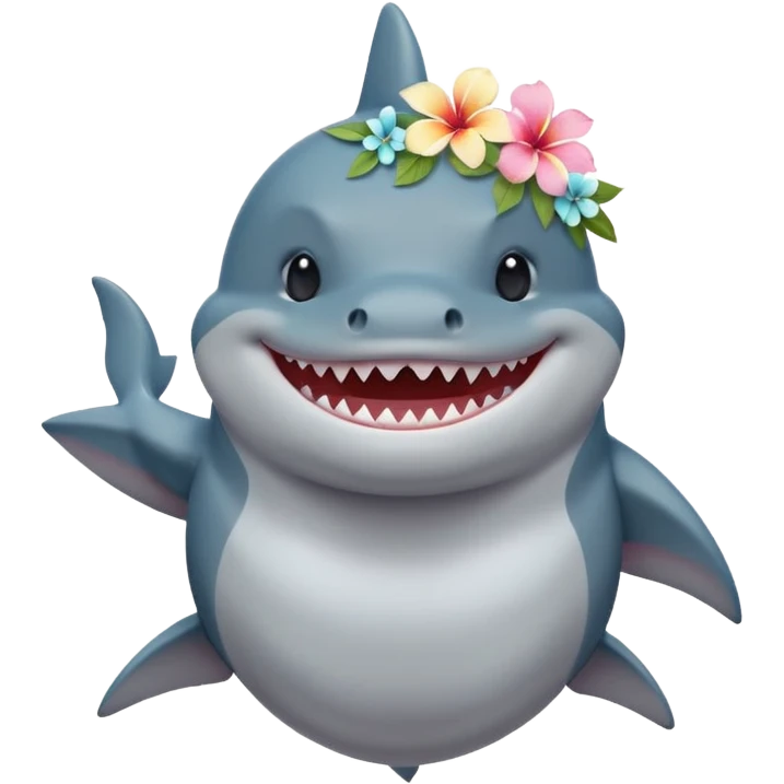 A cute chubby shark with hawaii pastel flower necklace and hawaiian flower crown, posing proudly. emoji