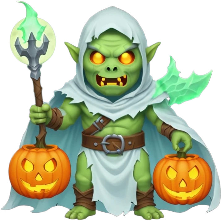 male orc warrior ghost emoji, green skin, tusks, wearing torn white ghost sheet costume, holding glowing jack-o'-lantern, faint blue aura, friendly but spooky expression, Halloween fantasy theme, Apple emoji style, clean white background, square emoji