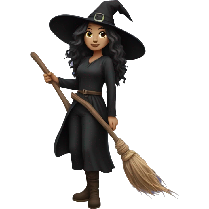 witch on a broom dark long hair white skin emoji
