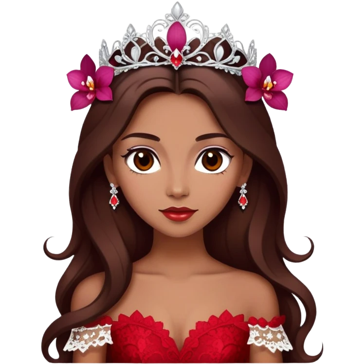 enchantress with brown eyes and tanned skin and long chocolate brown hair wearing a embellished scarlet red and white lace gown with orchid tiara emoji