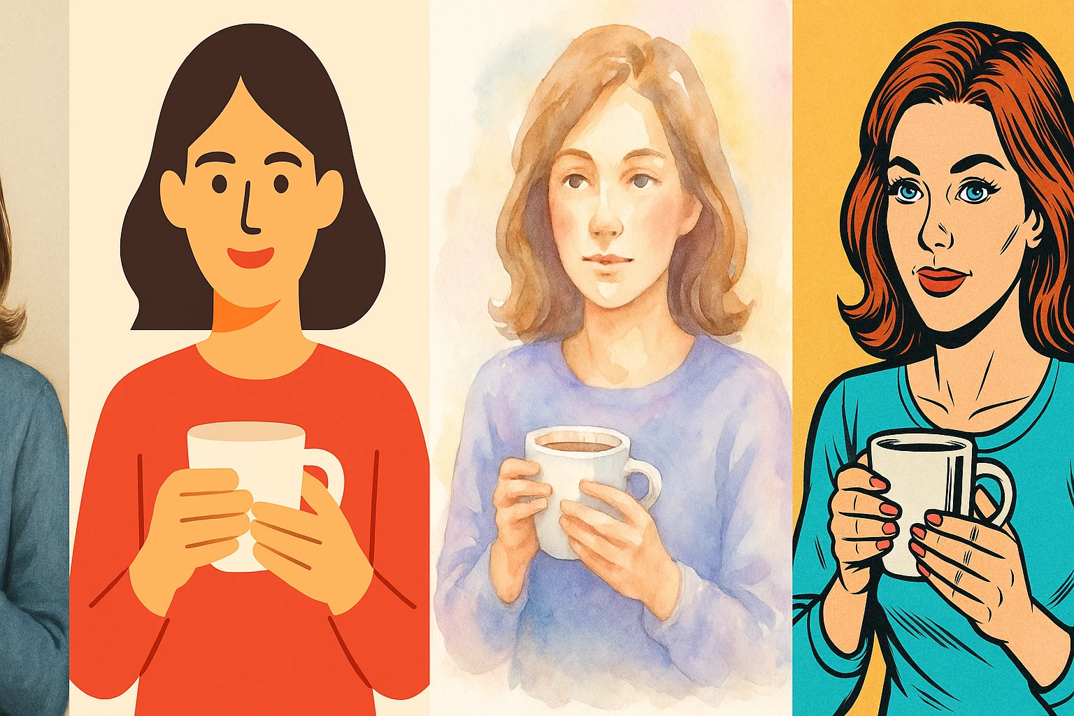 woman holding coffee, diverse styles 4 emoji