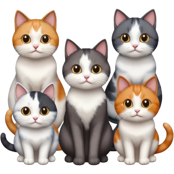 5 different coloured short haired cats including; a dark brown and white cat, and a dark grey and white, and a calico emoji