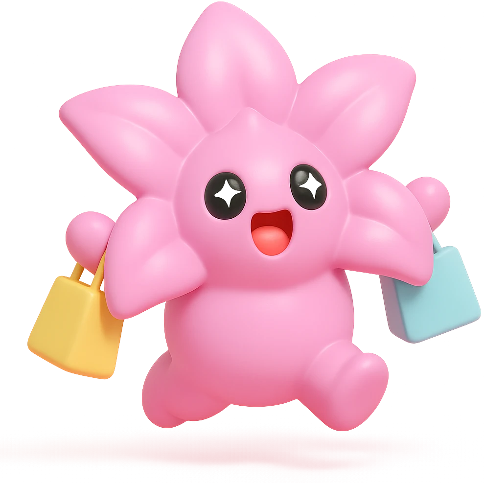 pastel magenta lily flower with sparkling eyes and open mouth, jumping with joy while holding shopping bags, round and bouncy, vinyl figure style emoji