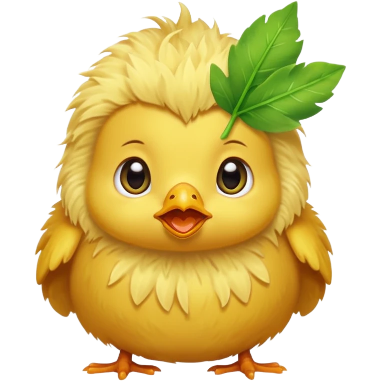 A baby chick crying, apple emoji style, with a small green leaf on its head emoji