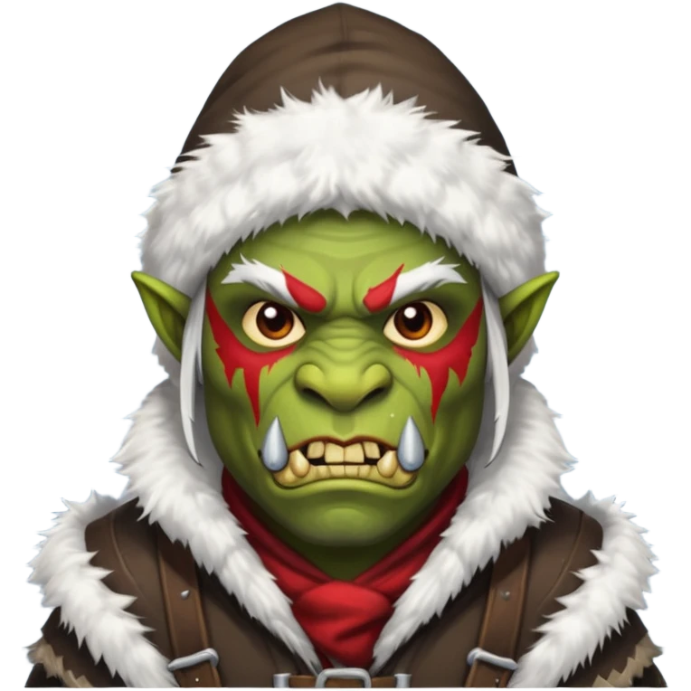 Fantasy Christmas orc raider icon, winter bandit style, fur hood, aggressive cunning expression, snowy action mood, clean emoji portrait style, male/female variant
 emoji