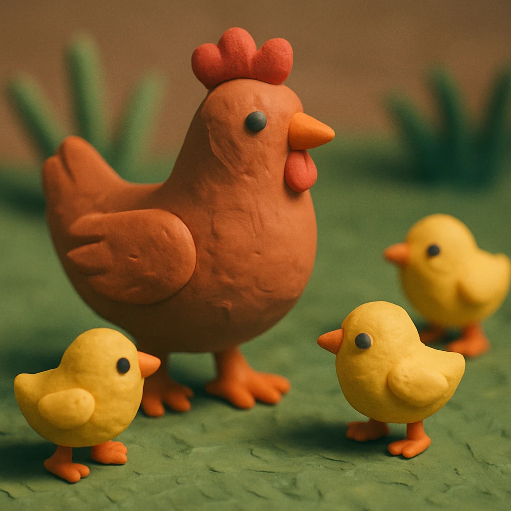 hen and chicks walking in grass, soft lighting, hand-molded details emoji