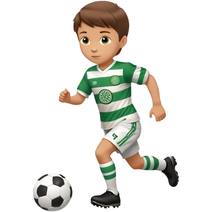 Celtic footballer jersey logo  6 years old brown hair white boy , stripes uniform , RUNNING  with soccer ball # 17 celtic football logo PUT ONLY ONE LOGO emoji