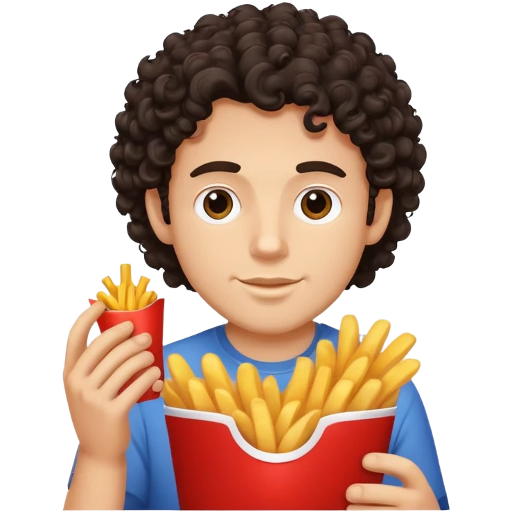 White male with dark curly hair holding snacks and fries emoji