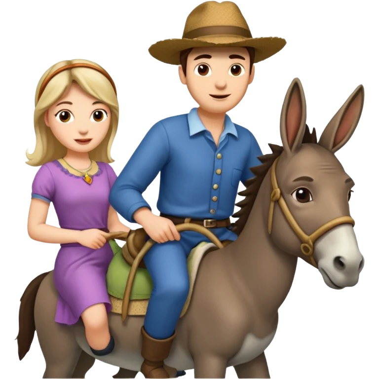 a lady on a donkey while the man is walking alongside the donkey emoji