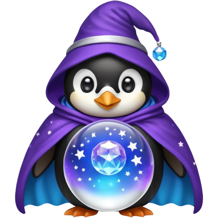 A penguin wizard with a starry cloak and a crystal ball emoji