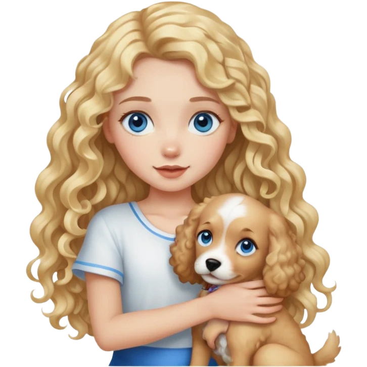 Girl with long curly blonde hair and blue eyes holding dog emoji