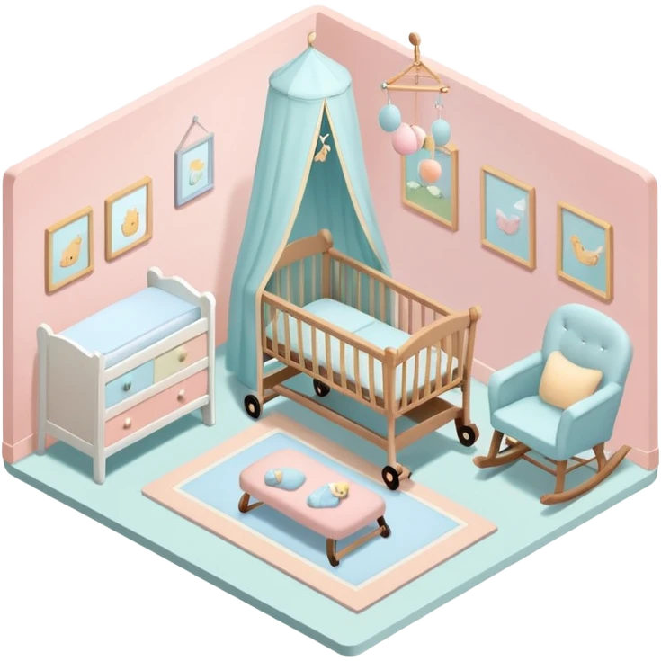 isometric baby room, Nursery with pastel walls and hanging mobile emoji
