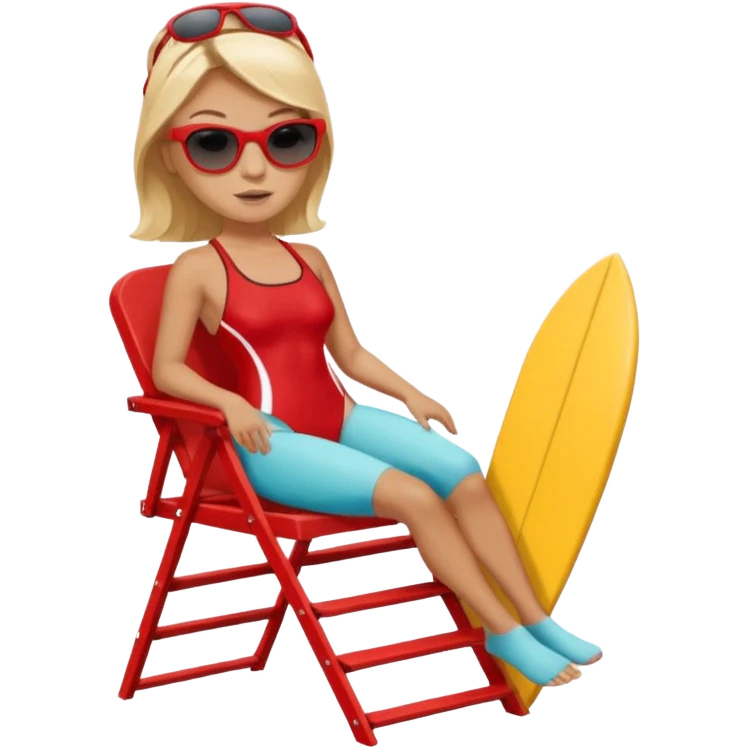 Female lifeguard – red swimsuit, sunglasses, sitting on tall lifeguard chair. emoji