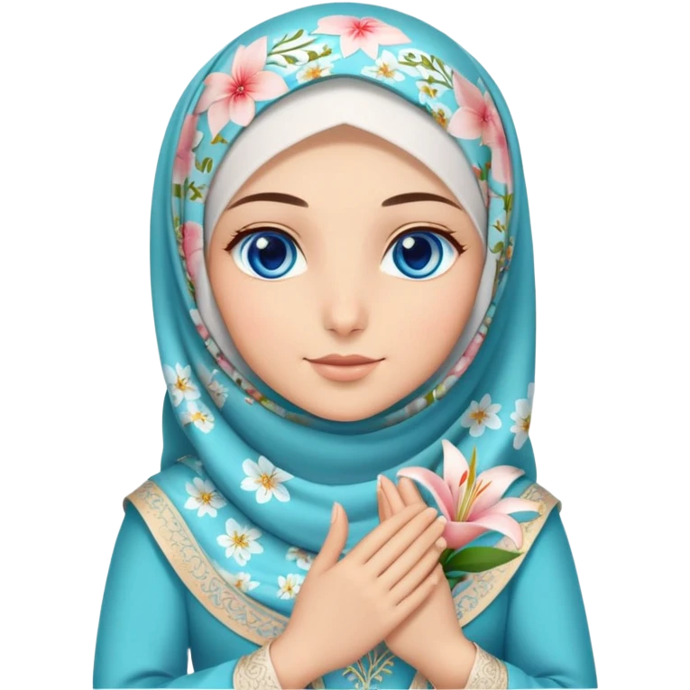 Turkish beautiful finish Konya girl blue eyes with lilies floral hijab dress islamic dress and had on her hand text Eid Mubarak  emoji