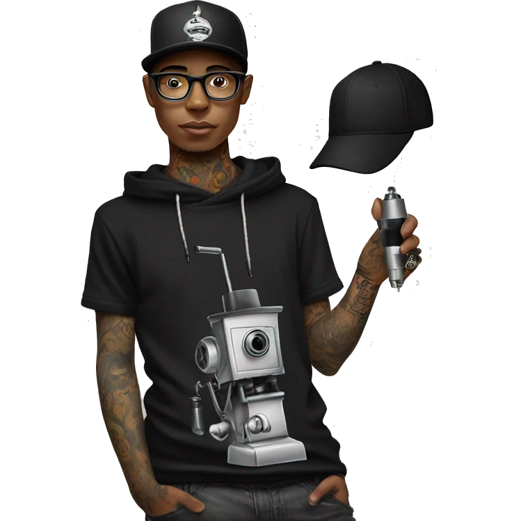 black cap, hoodie and glasses boy tattoo artist  holding tattoo machine emoji