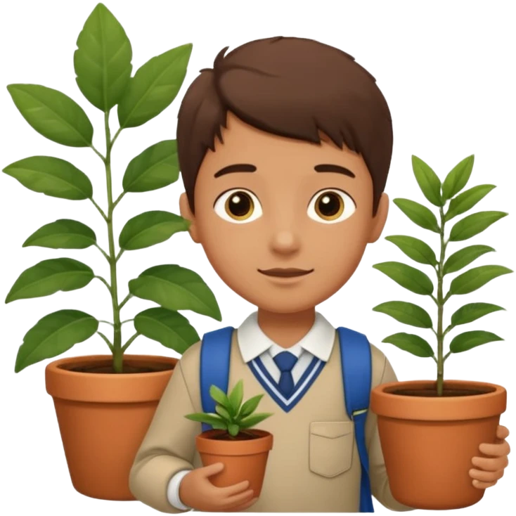 young boy wearing packpack, wearing uniform, holding a plant pot emoji