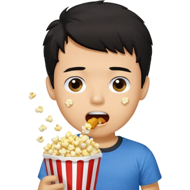 generate a pretty tan bratz boy with a blue tshirt on. eating popcorn. messy black hair emoji