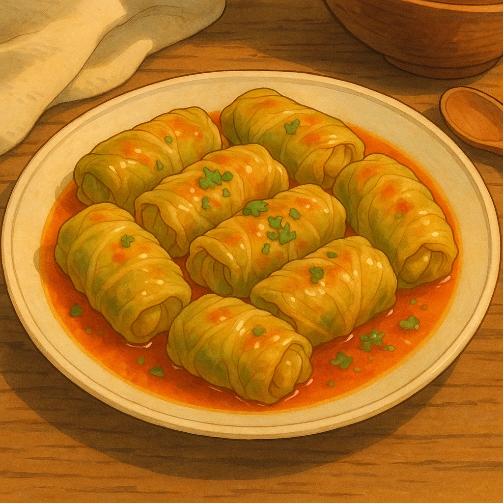 ghibli style warm and inviting sarma, traditional stuffed cabbage rolls on a plate emoji