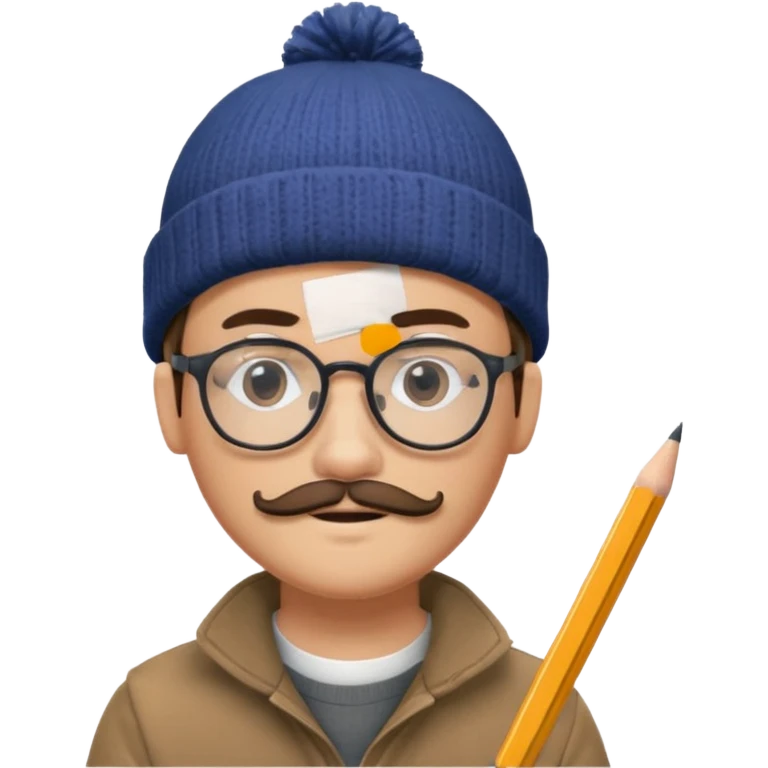 A creative young man with a pencil, glasses and a beanie. He holds a pen in his hand. He has a slight moustache and bit of a beard emoji