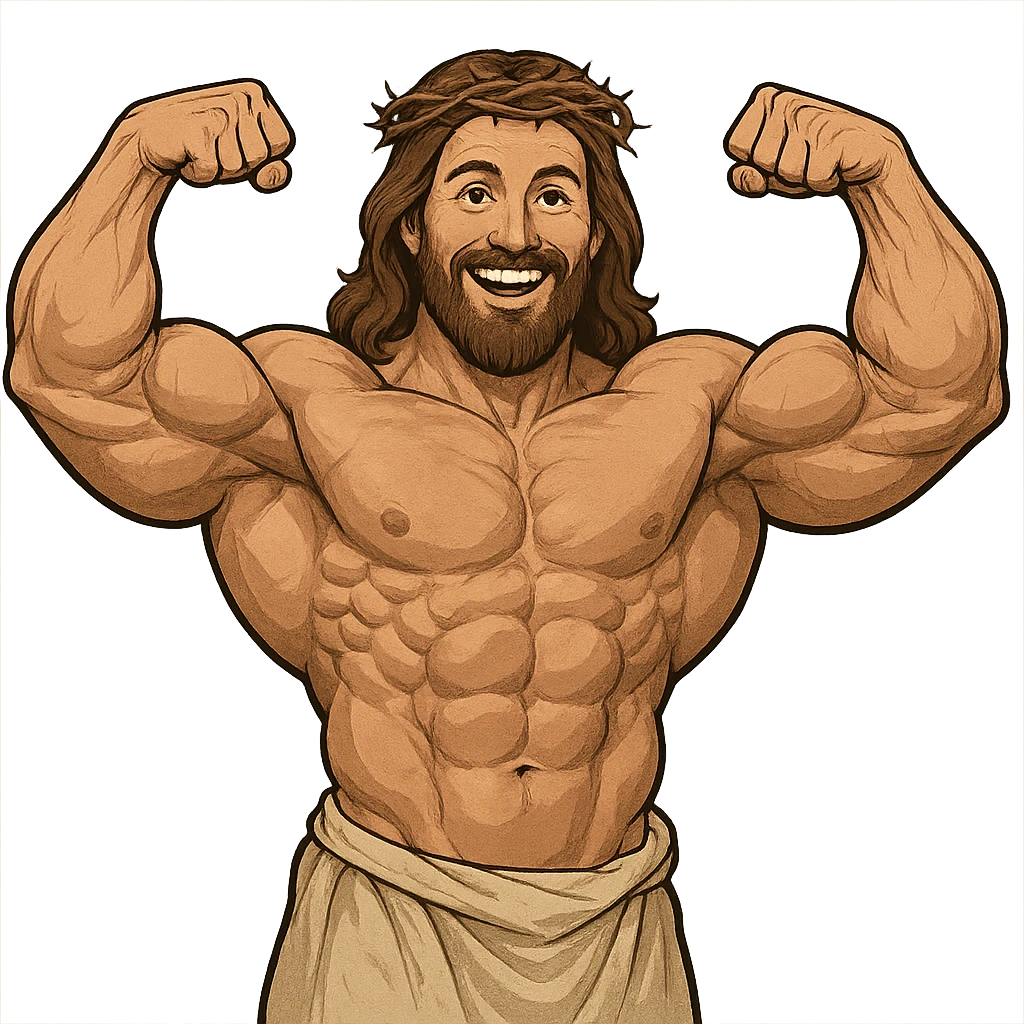 Strong, muscular Jesus, cheerful expression, bodybuilder build emoji