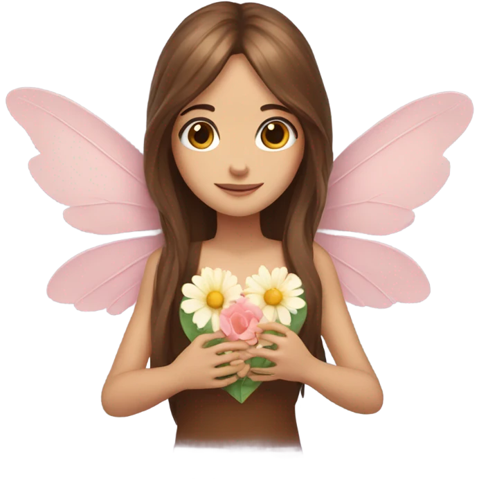 Fairy, long brown hair, wings, flowers, heart eyes, hands holding heart emoji
