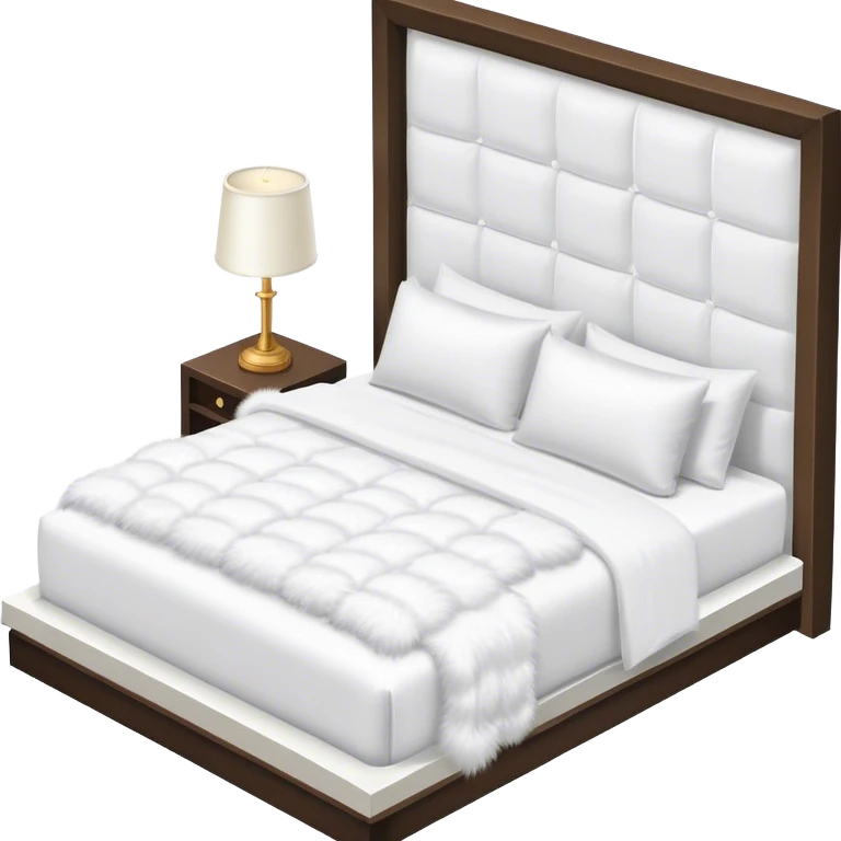 All white luxury hotel bed with puffy white duvet and white faux fur throw blanket, isometric emoji