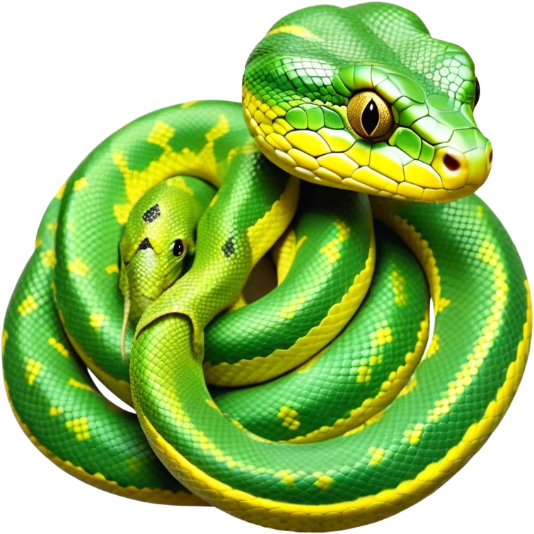 cinematic-green tree python-realistic-full-body-coiled-emoji,-thick-scaled-body-looped-tightly,-intricate-tellow and green-patterned-scales-reflecting-light,-head-tilted-dramatically,-slitted-eyes-staring-calmly,-simplified-yet-realistic-focused-feature emoji