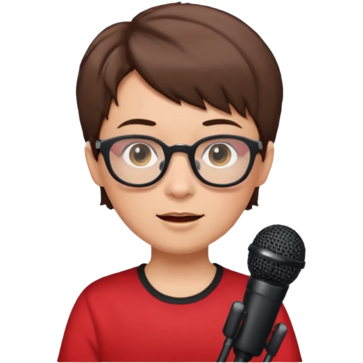 singer, Old, brown short hair, holding mic, red shirt glasses emoji