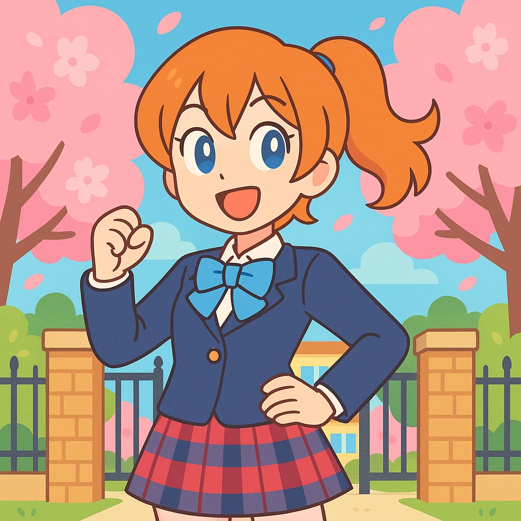 cheerful anime schoolgirl with orange hair, blue eyes, school uniform, spring cherry blossoms, confident pose, lively school gate background, Love Live! style emoji