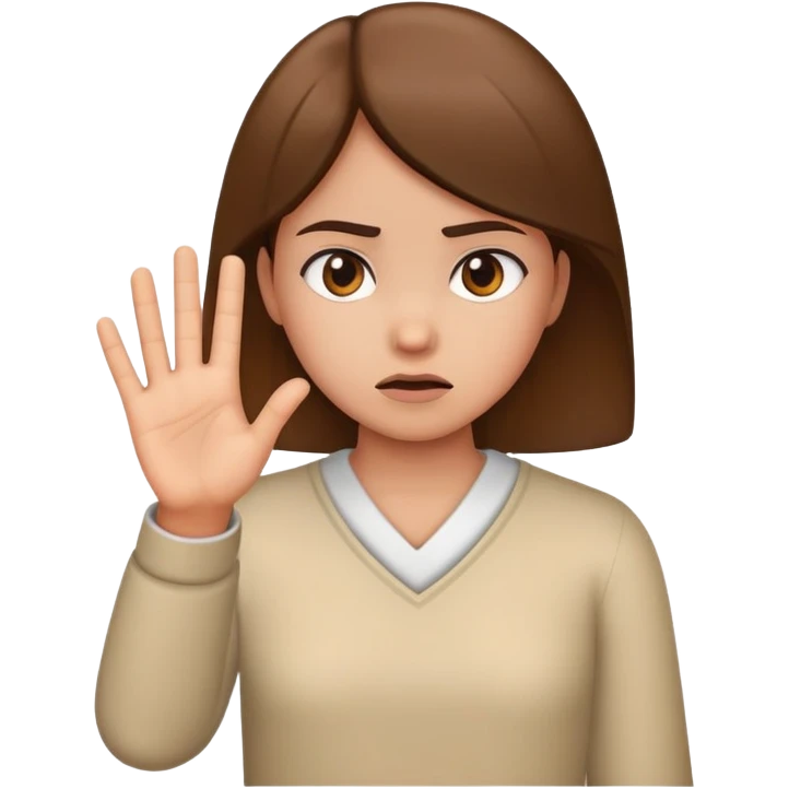 girl looking annoyed, palm raised to signal stop emoji