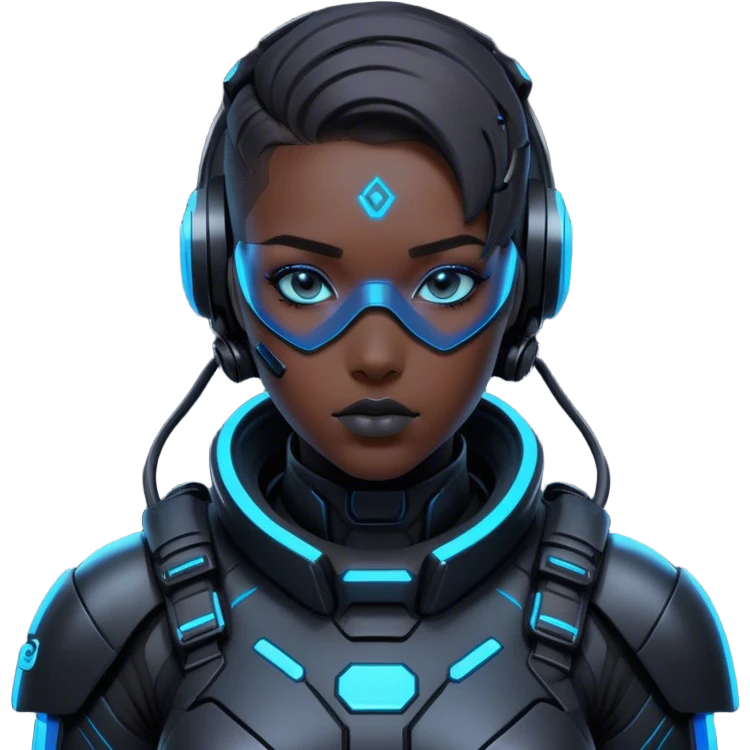 A futuristic cyberpunk soldier, black exosuit, neon blue accents emoji