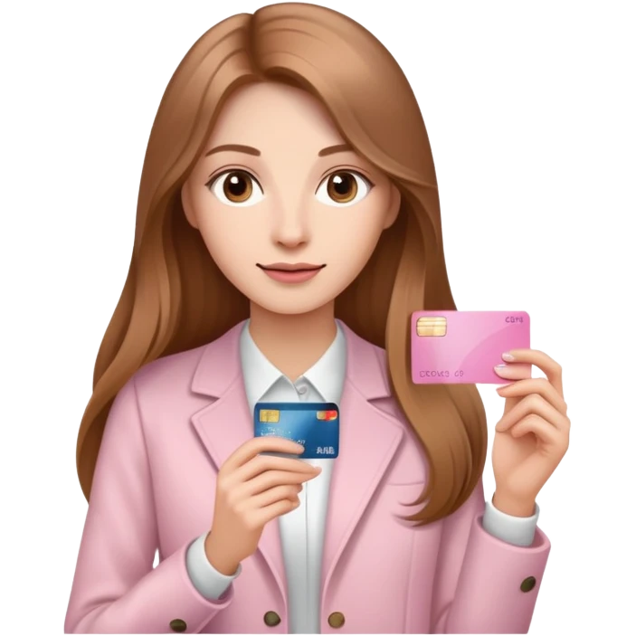 Femme au cheveux long et châtain qui tient une carte bancaire rose clair  emoji