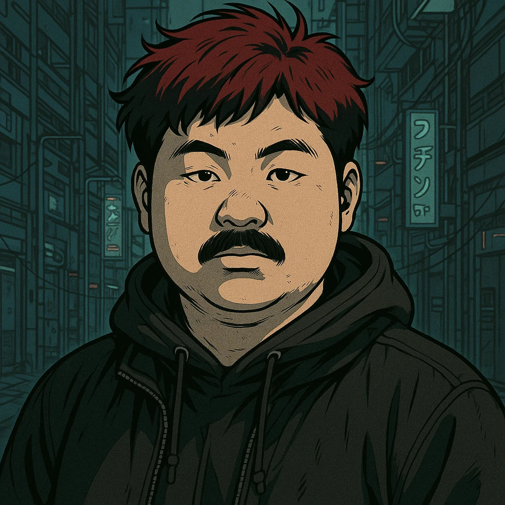 Asian man with a round face, black mustache, red hair, black hoodie, Japanese manga style inspired by Ghost in the Shell, more anime-like features, cyberpunk atmosphere, detailed linework, subtle color accents emoji