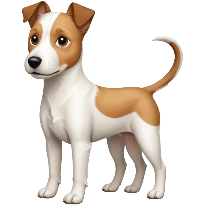 a full body large white parson russell terrier looking dog the size of a kelpie with light brown ears and a light brown patch on one eye and a large snout emoji