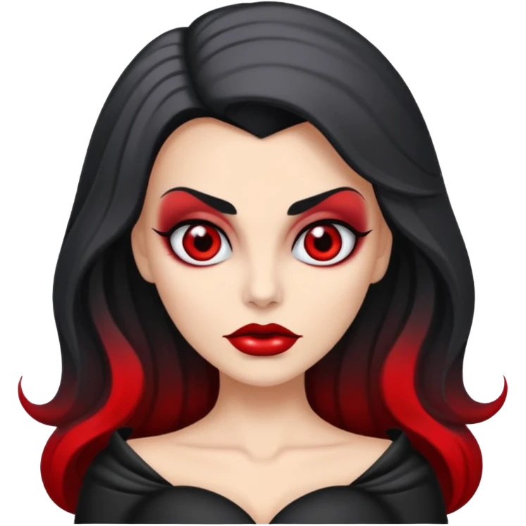 vampira com o tom de pele cinza com os olhos vermelhos, cabelos longos e ondulados e pretos emoji
