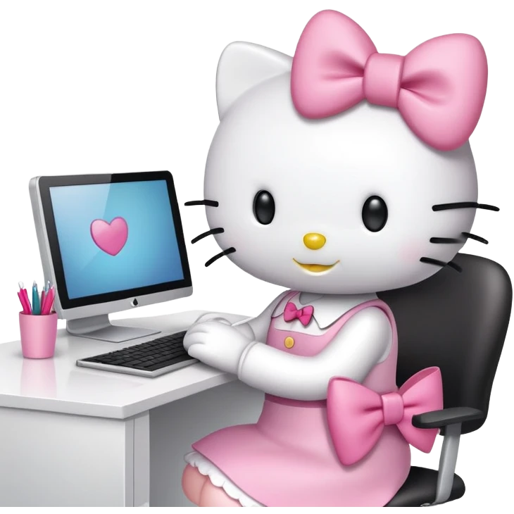Hello Kitty working at office desk with computer emoji