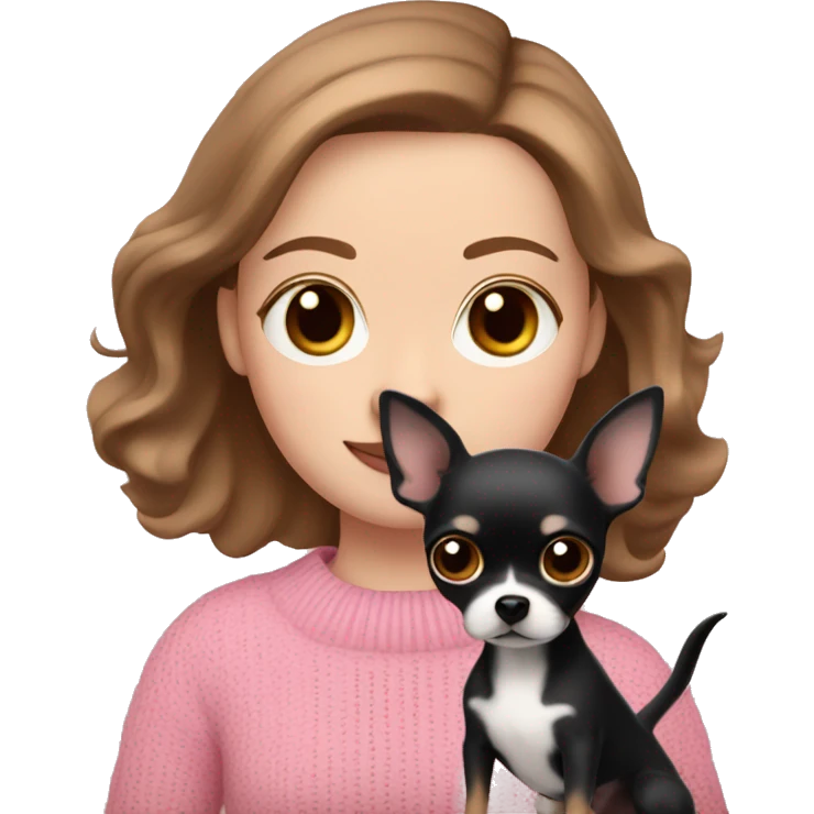 Pretty blue eyed white girl with brown hair in a pink sweater holding a black chihuahua  emoji