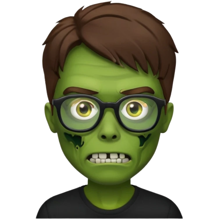 Green zombie, brown hair, black glasses, black shirt. iOS style. emoji