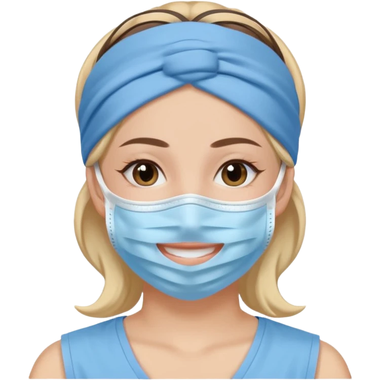 smiling woman with blue face mask, headband, peaceful emoji