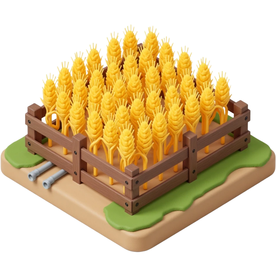 Exterior view of a small cartoon-style farm with a tiny wheat field, a few golden stalks swaying, wooden fence, small irrigation pipes along the soil emoji