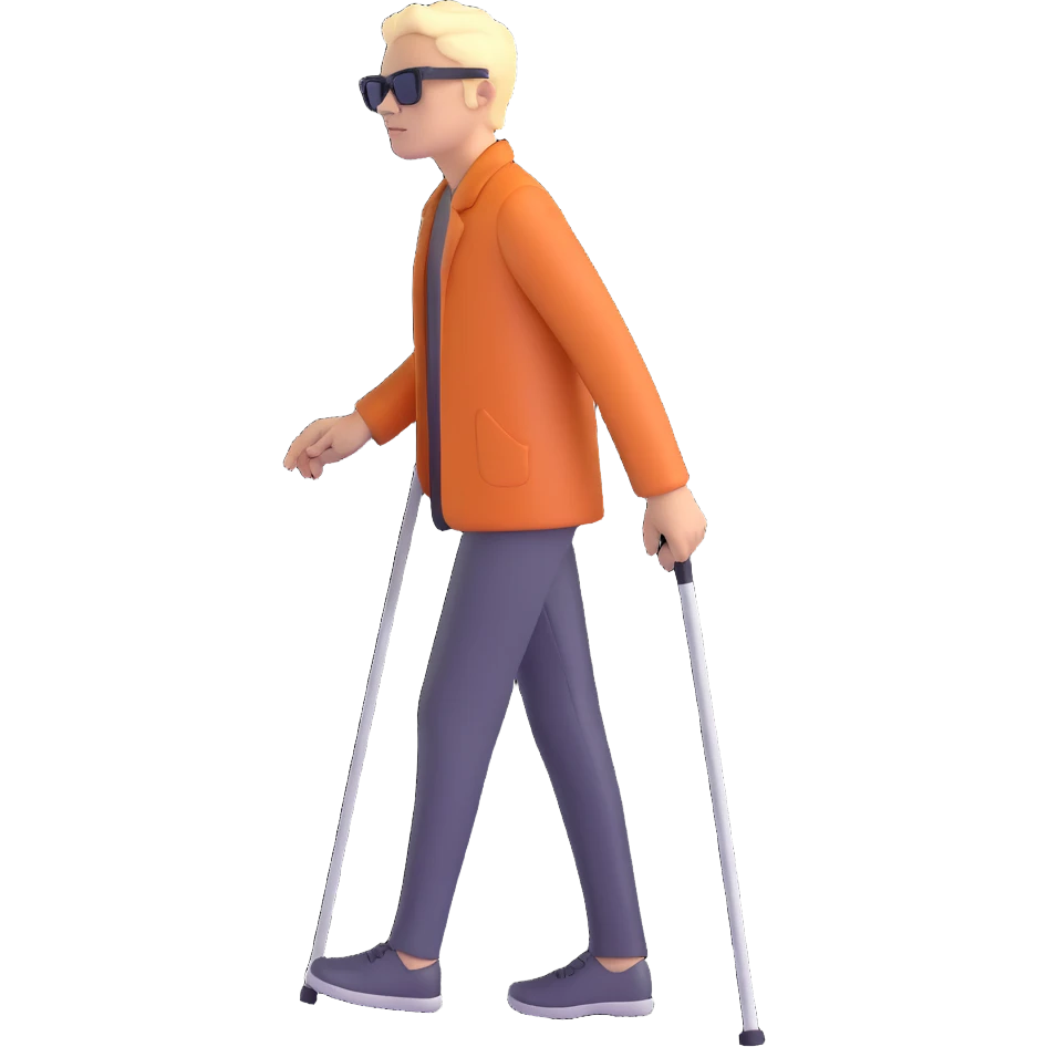 A blind person walking with a white cane, wearing sunglasses, outdoors, daytime. Focus on the cane and posture that indicates visual impairment. emoji