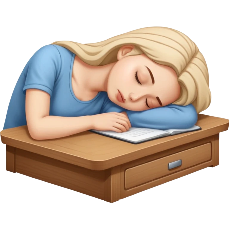 Tired woman sleeping with head down on empty desk emoji