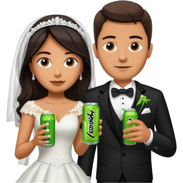 mexican wife in white wedding dress and white husband in wedding suit holding monster energy drink emoji