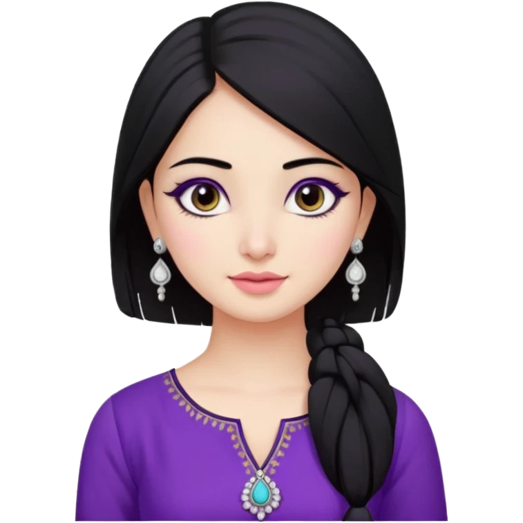 a pretty bratz girl with straight black hair, wearing a purple kurti, silver jhumkas, eyeliner, carrying momos emoji