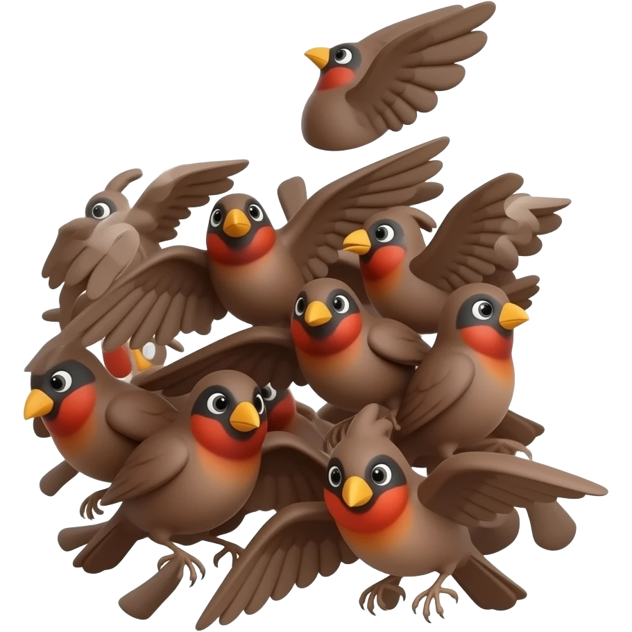 A wings spread out 3D render iPhone emoji icon of a detailed Brown and red color 3D Render iPhone emojis of a flock of brown and red color songbirds flying in the air emoji