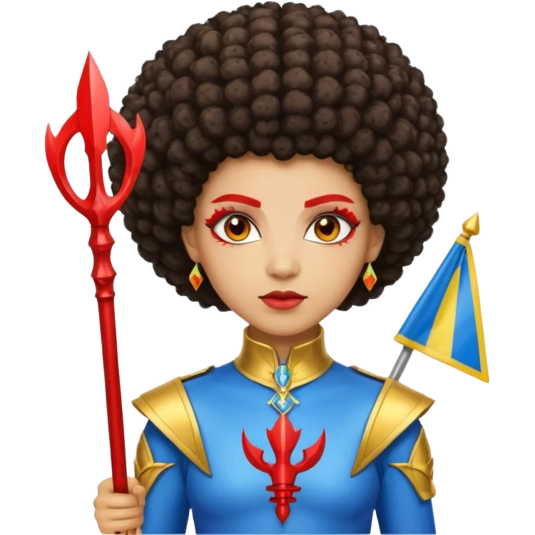 Emoji metisse femboy mais plus masculin avec drapeau ukrainien arriere plan, un afro, sourcils rouge, fourche trident, et eclairs et sur fond bleu clair irrisé. Peau lightskin, yeux marron et cheveux marron bouclés mais en mode afro pixi cut emoji