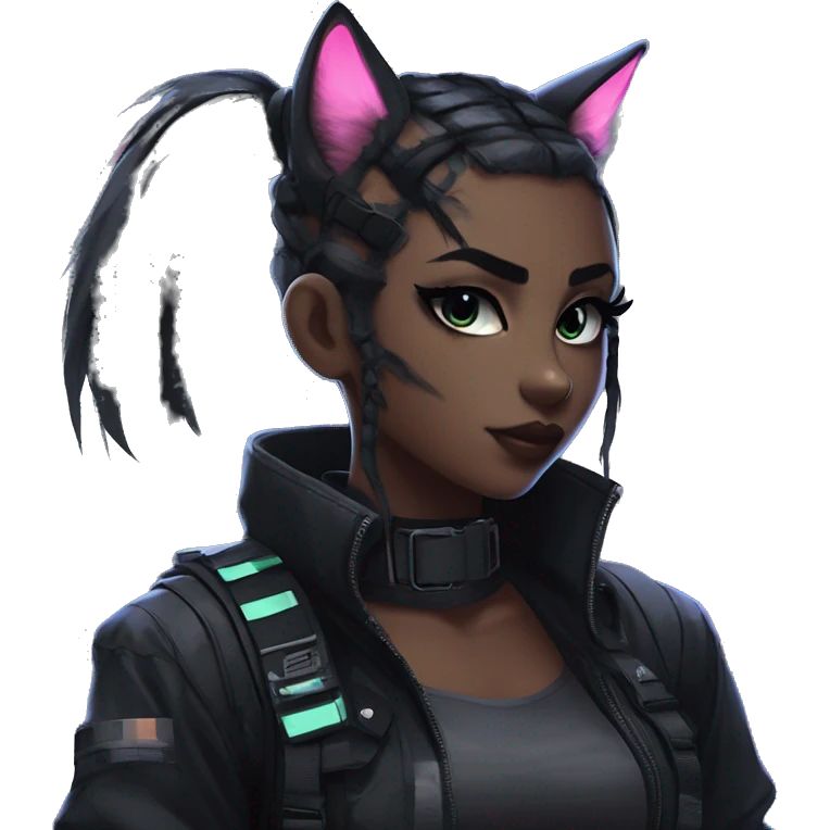 Gorgeous cyberpunk ponytail dark techwear anime style anthro black cat furry with blushing face aesthetic and pretty edgy black with collar and harness trending style emoji